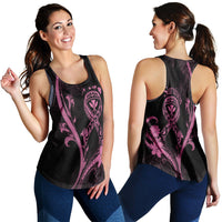 Black women’s racerback tank with pink floral heart graphic, back view, racerback straps