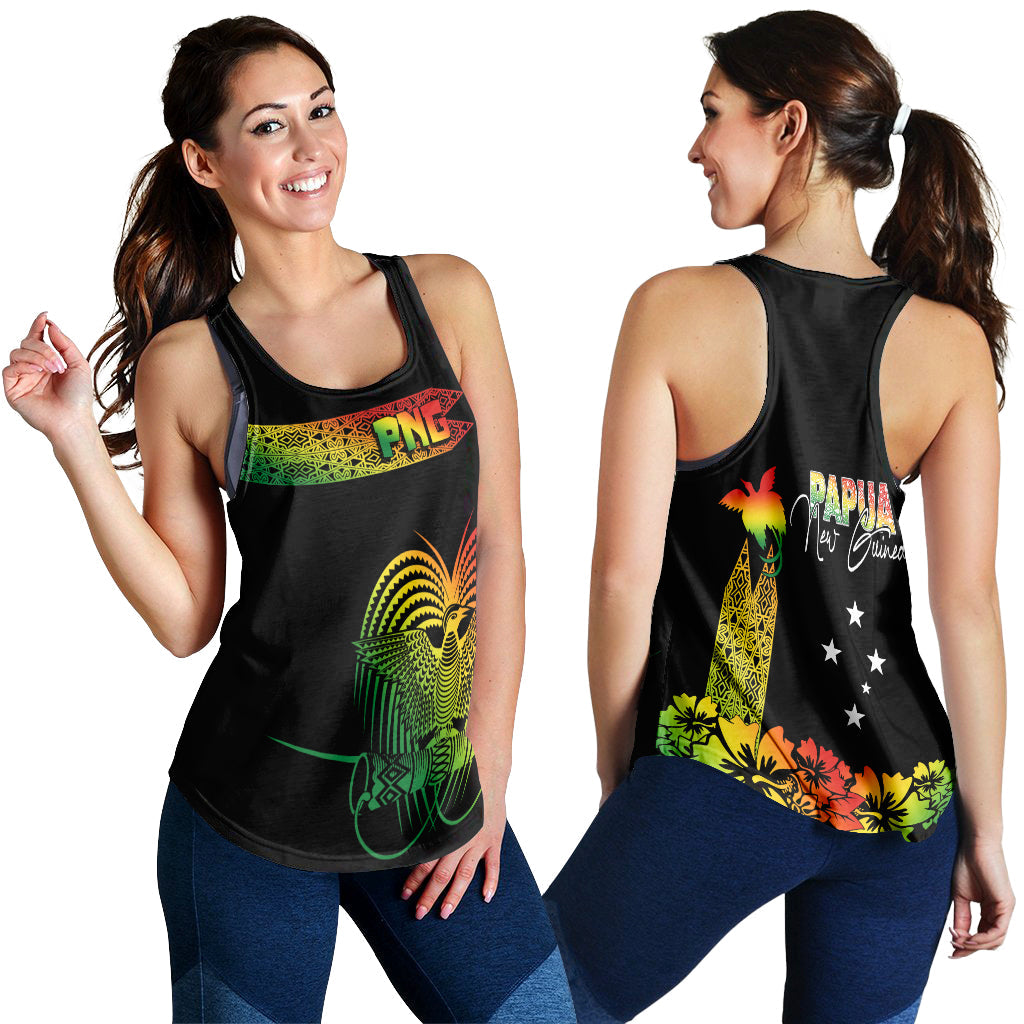 Black racerback tank with PNK logo and multicolor tropical graphic, front and back