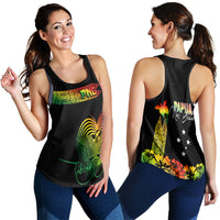 Black racerback tank with PNK logo and multicolor tropical graphic, front and back
