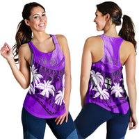 Violet racerback tank top worn two views: Fiji Day front, Your Team back print