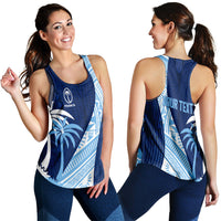 Blue racerback rugby tank on model, sleeveless geometric and palm design