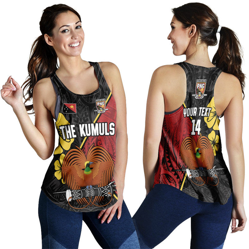 (Custom Text and Number) The Kumuls PNG Women Racerback Tank Papua New Guinea Polynesian Dynamic Style Black - Wonder Print Shop