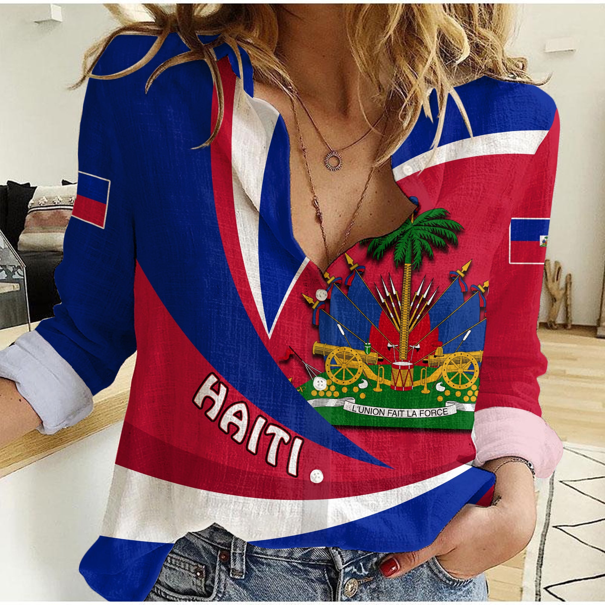 haiti-women-casual-shirt-style-color-flag
