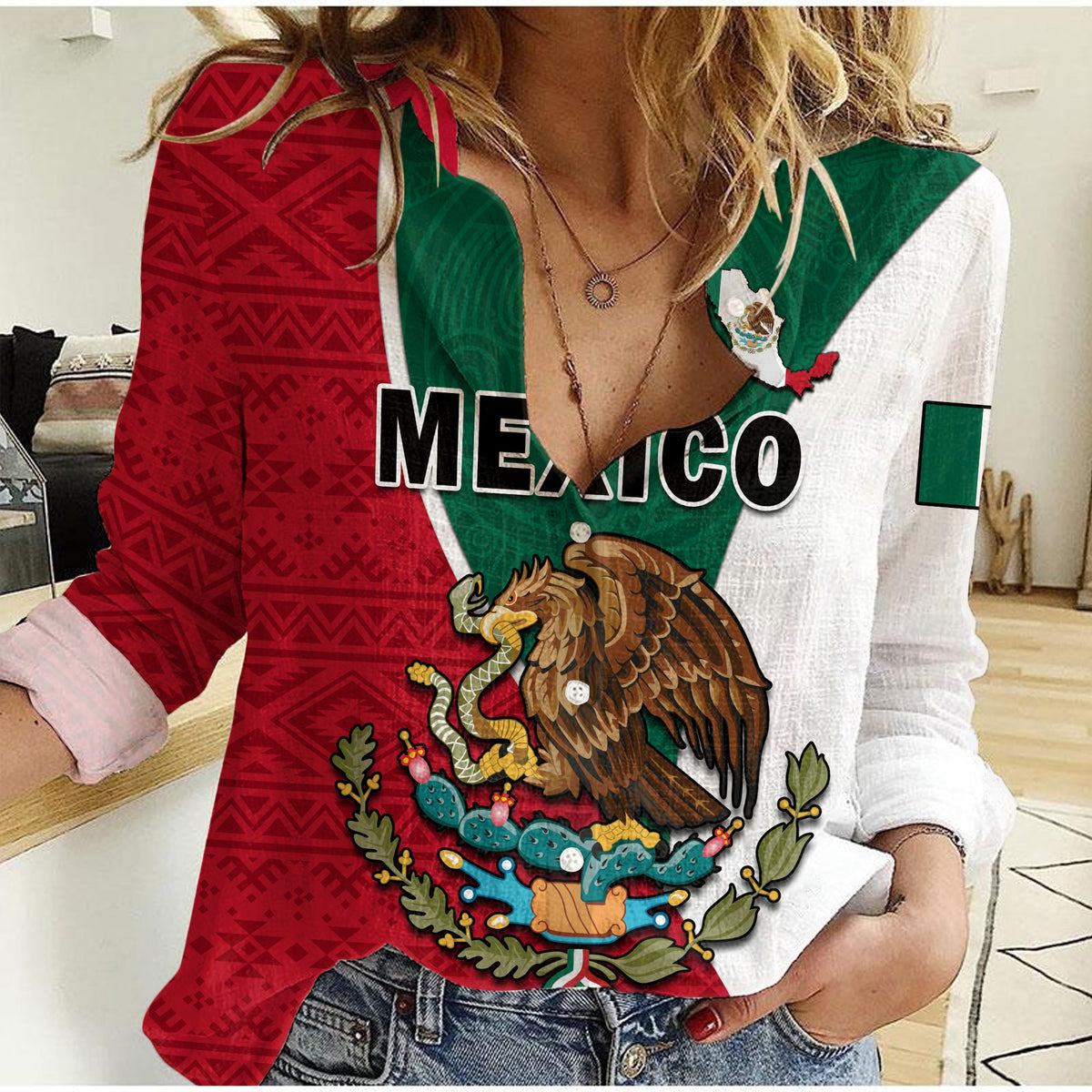 Mexico Women Casual Shirt Mexican Aztec Pattern - Wonder Print Shop