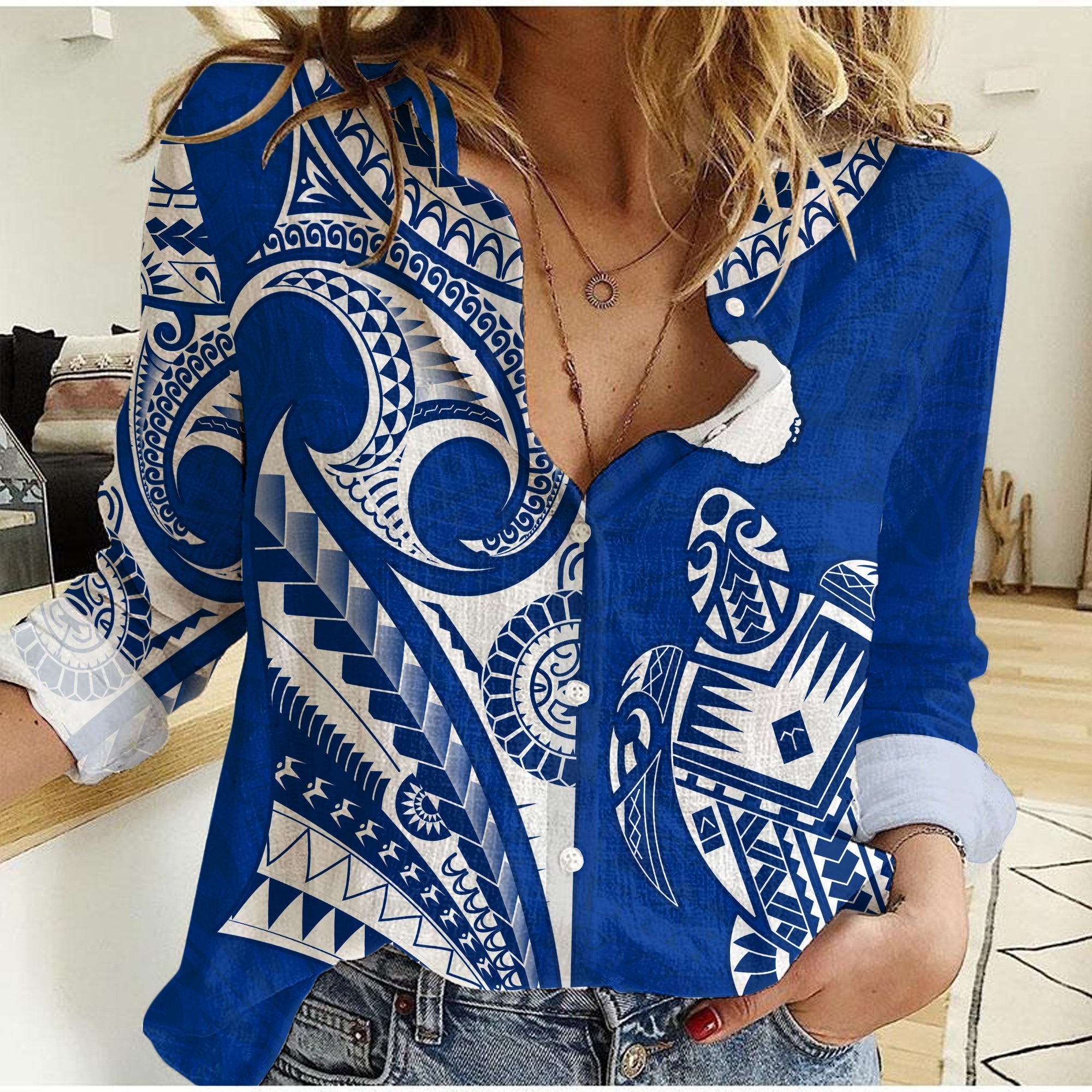Rarotonga Cook Islands Women Casual Shirt Turtle and Map Style Blue LT13 - Wonder Print Shop