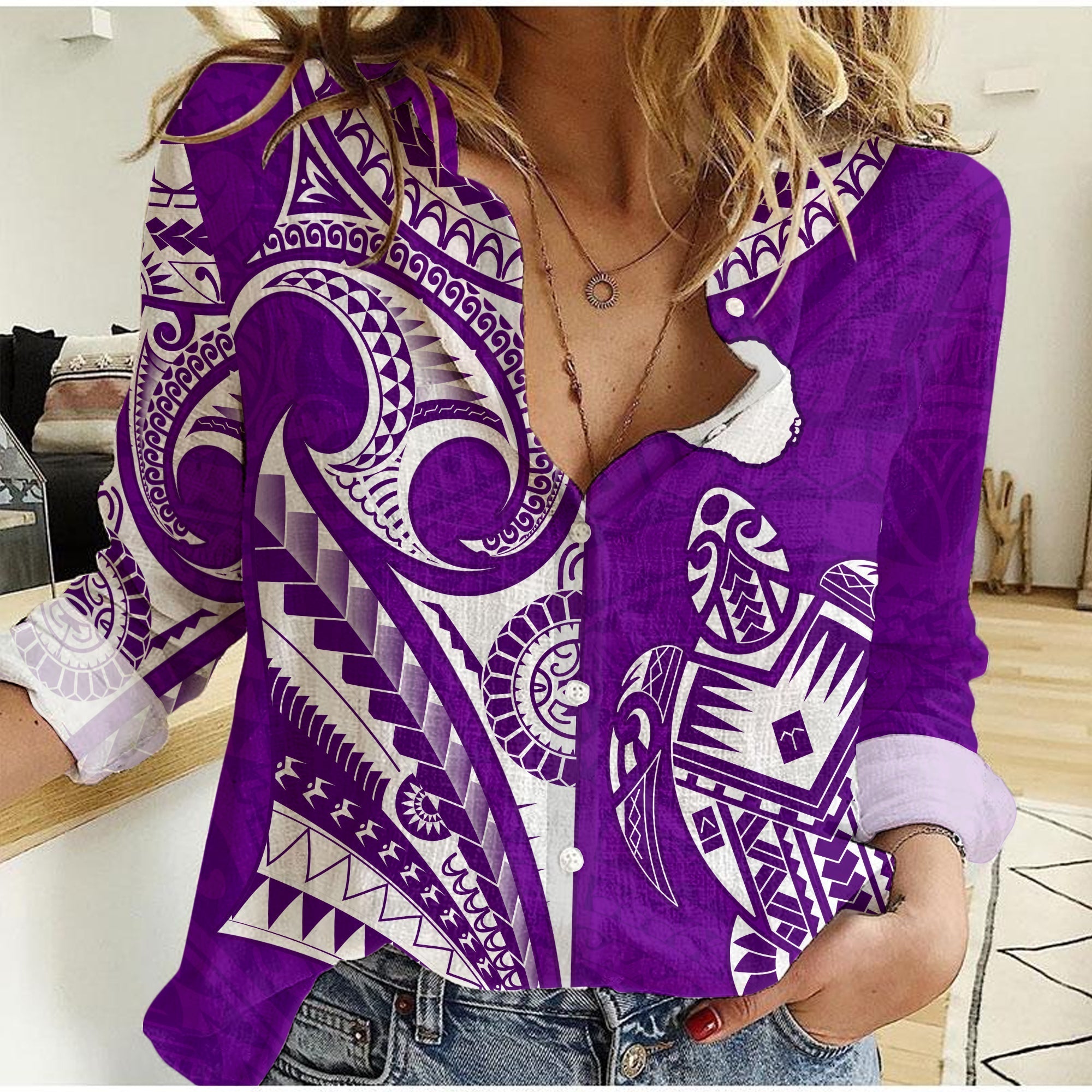 rarotonga-cook-islands-women-casual-shirt-turtle-and-map-style-purple