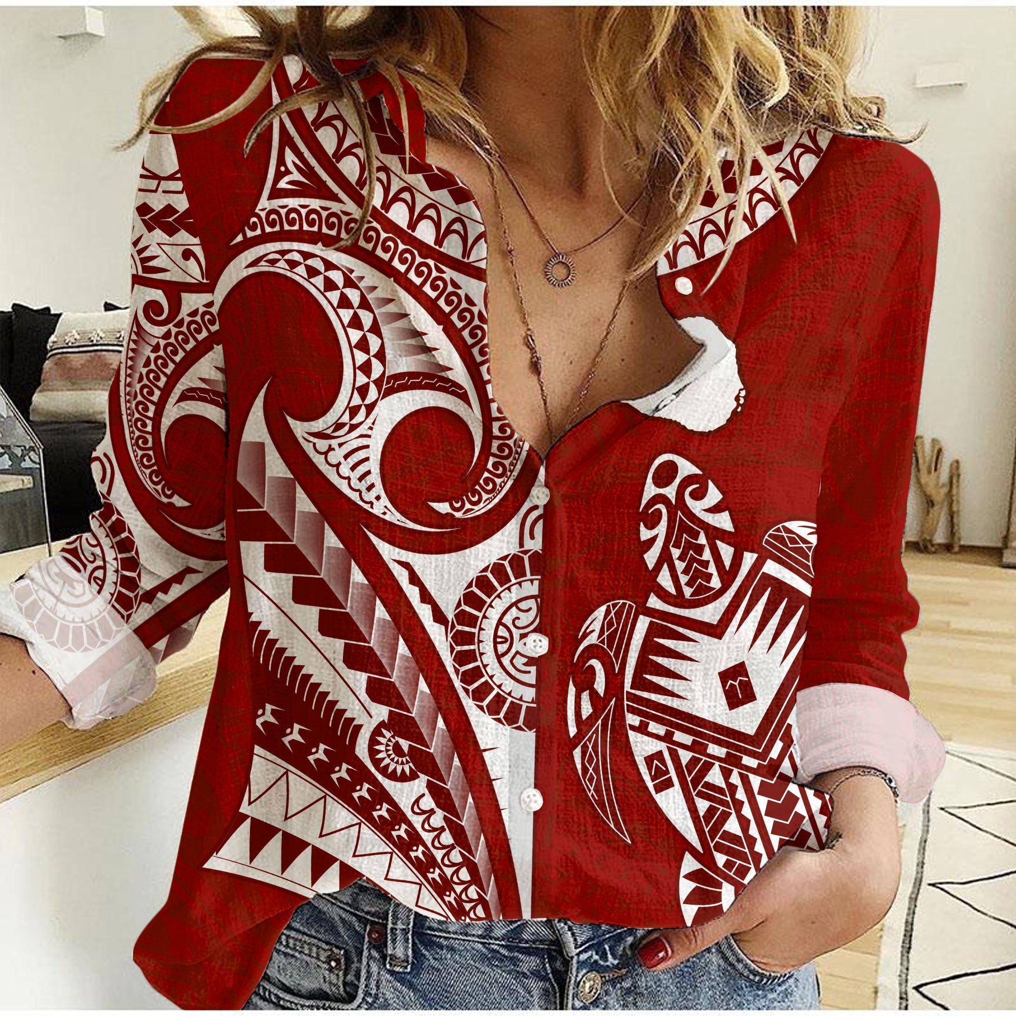 Rarotonga Cook Islands Women Casual Shirt Turtle and Map Style Red LT13 - Wonder Print Shop