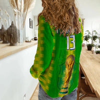 Women's green Brazil jersey with check pattern, back number 13 and gold trophy graphic