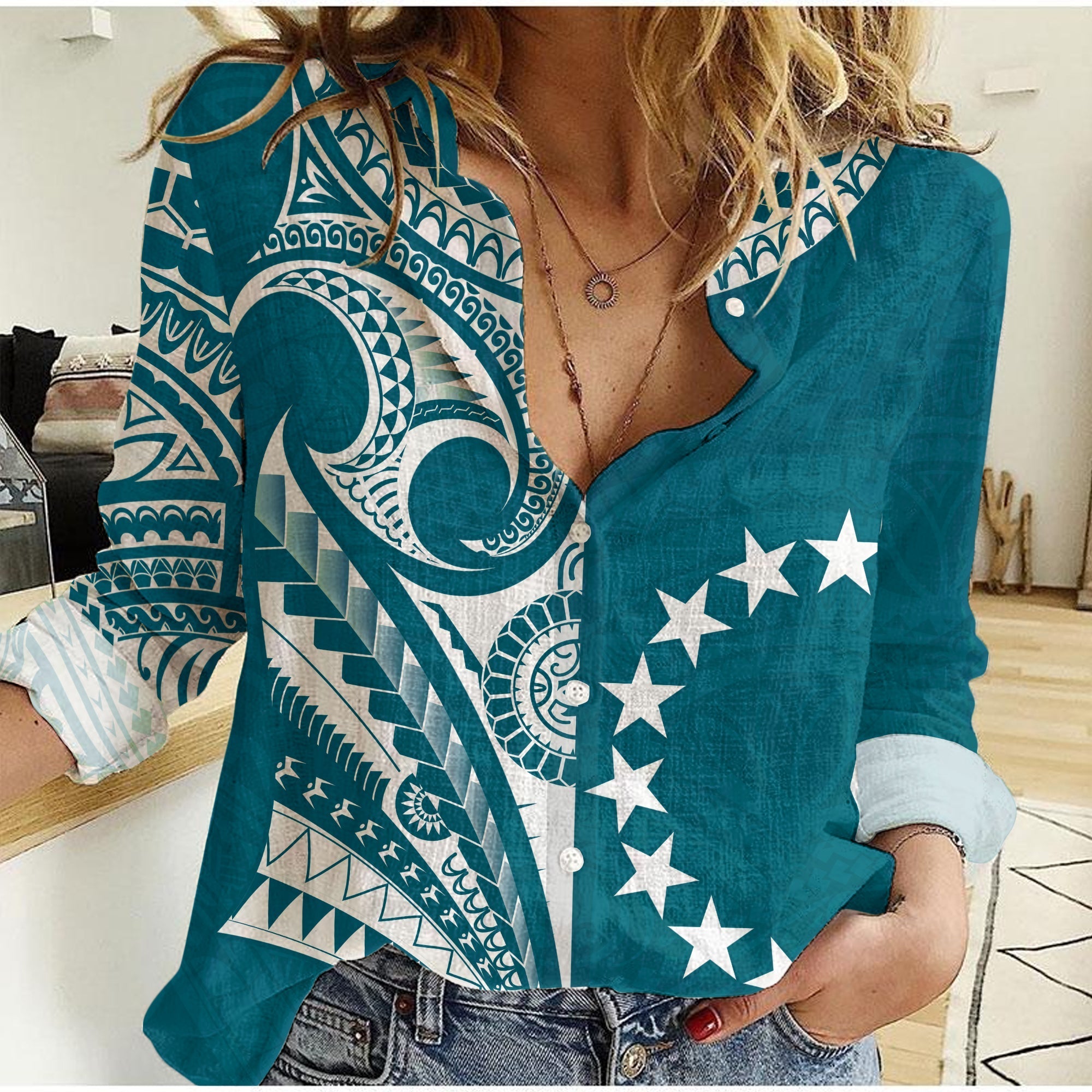 cook-islands-tatau-women-casual-shirt-symbolize-passion-stars-version-blue