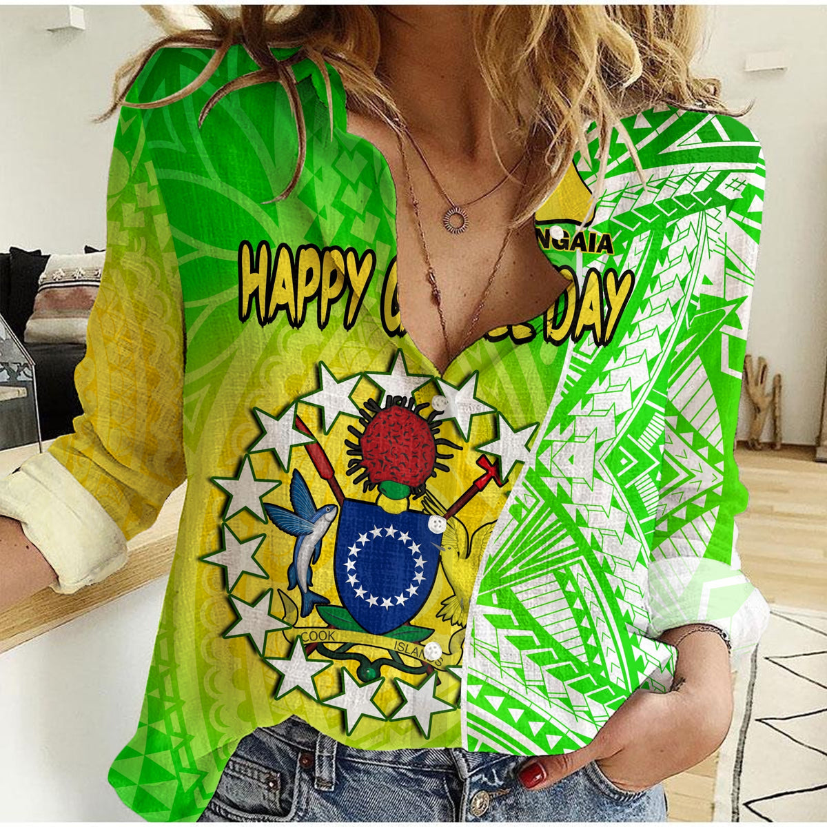 Happy Mangaia Gospel Day Women Casual Shirt Cook Islands Coat of Arms Polynesian Pattern - Wonder Print Shop