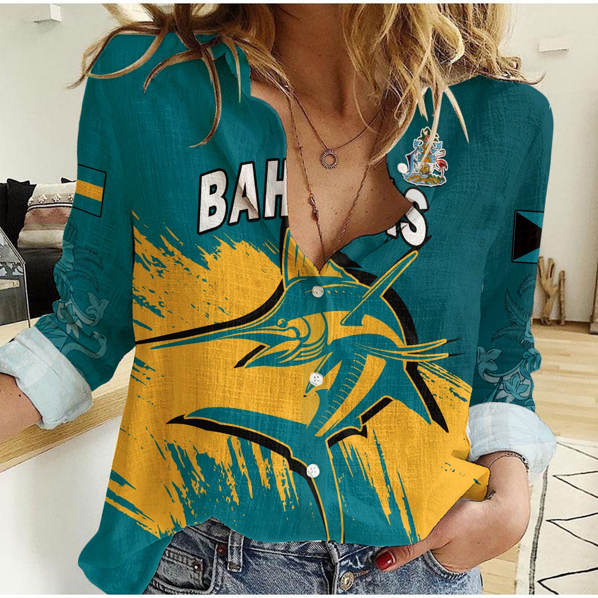 Bahamas Women Casual Shirt Blue Marlin With Bahamian Coat Of Arms - Wonder Print Shop