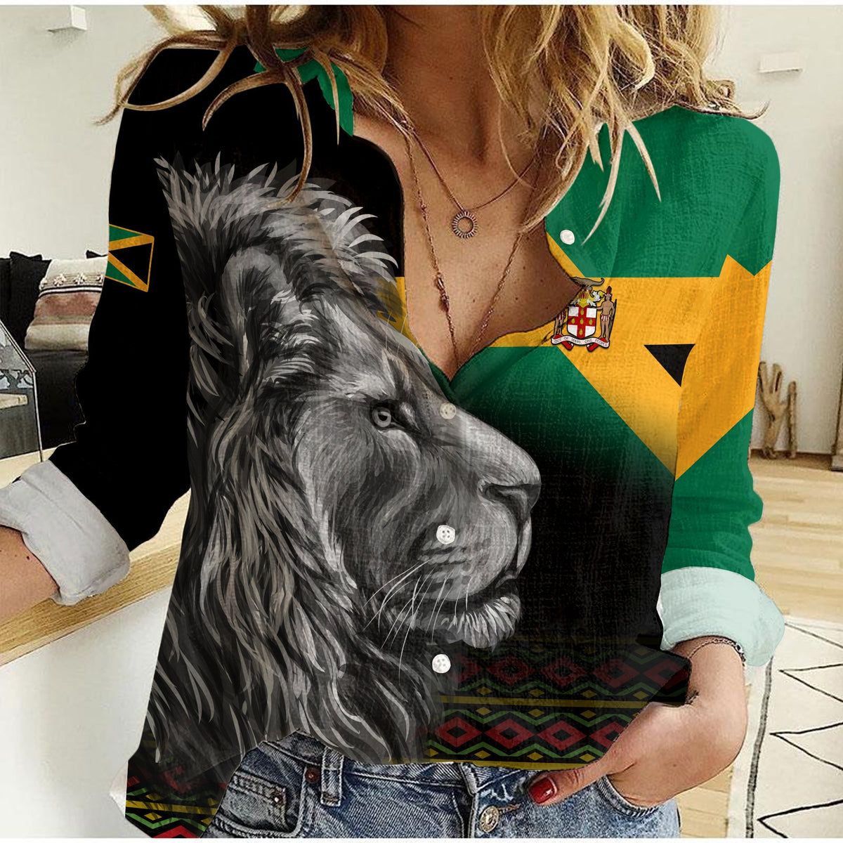 Jamaica Lion Women Casual Shirt Jamaican Pattern Version Black LT13 - Wonder Print Shop