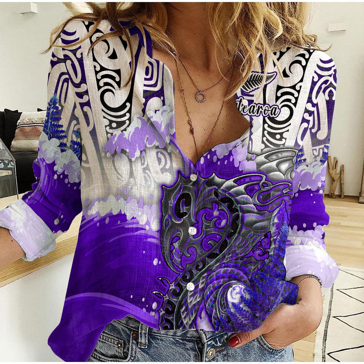 Custom Personalised Manaia Maori Women Casual Shirt Fern Aotearoa Purple Waves LT13 - Wonder Print Shop