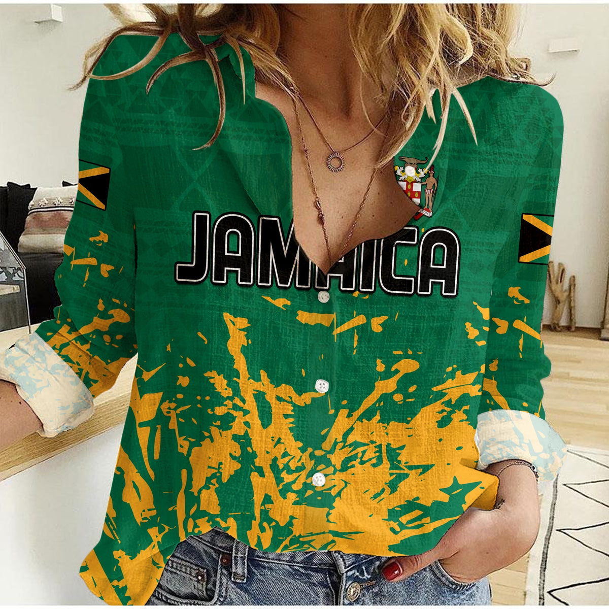 Jamaica Athletics Women Casual Shirt Jamaican Flag With African Pattern Sporty Style - Wonder Print Shop