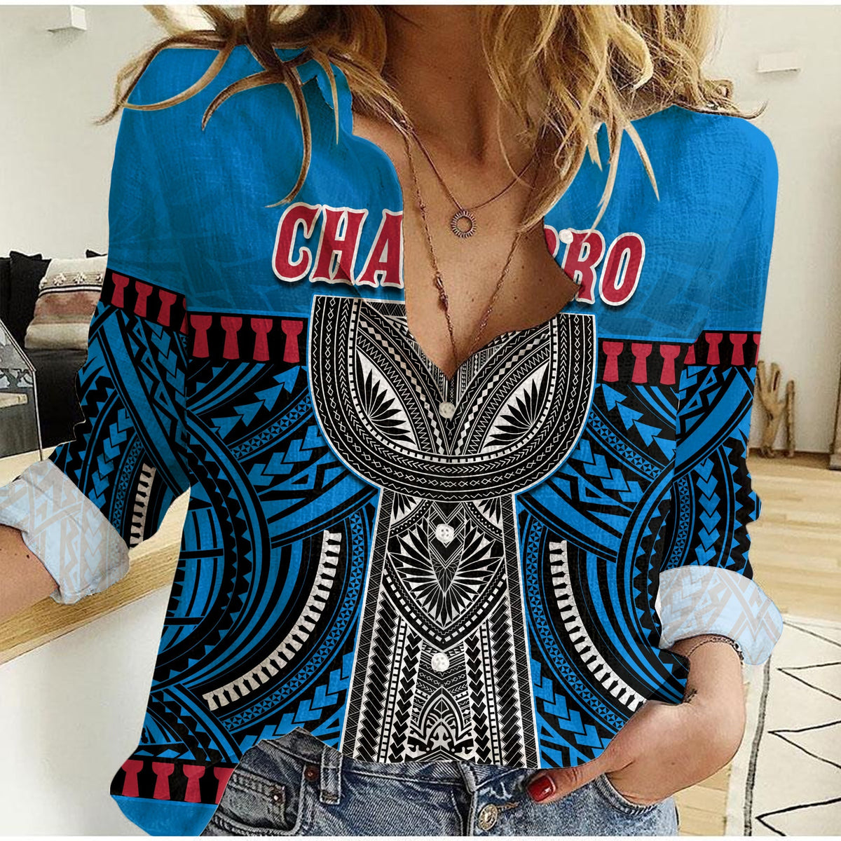 (Custom Personalised) Guam Chamorro Women Casual Shirt Latte Stone Blue Polynesian Haligi LT13 - Wonder Print Shop