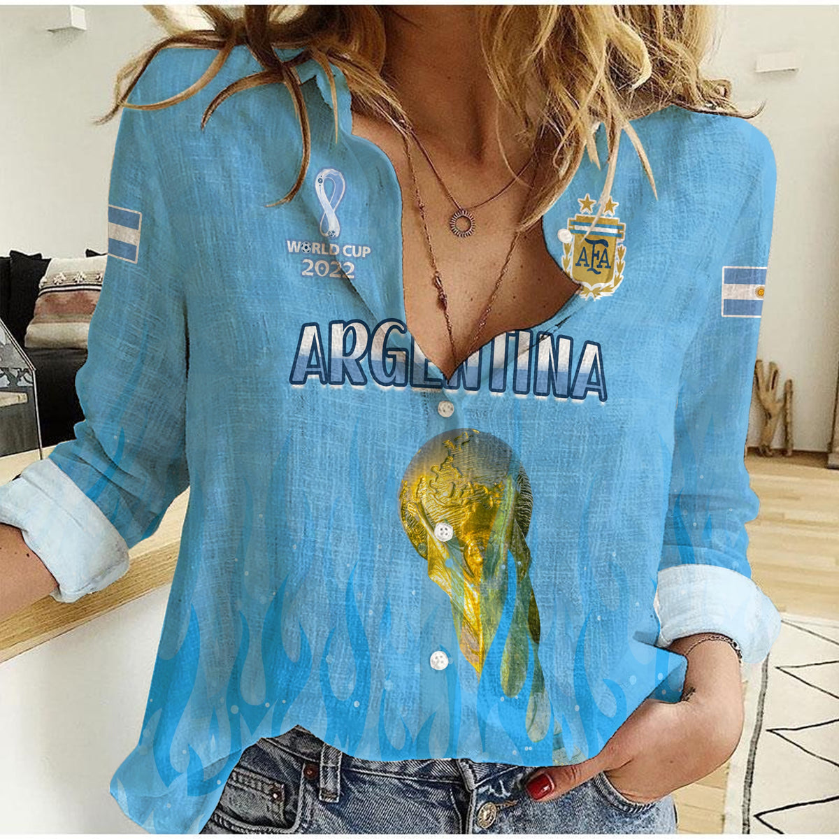 Argentina Football Women Casual Shirt Vamos Sky Champions World Cup Fire LT13 - Wonder Print Shop