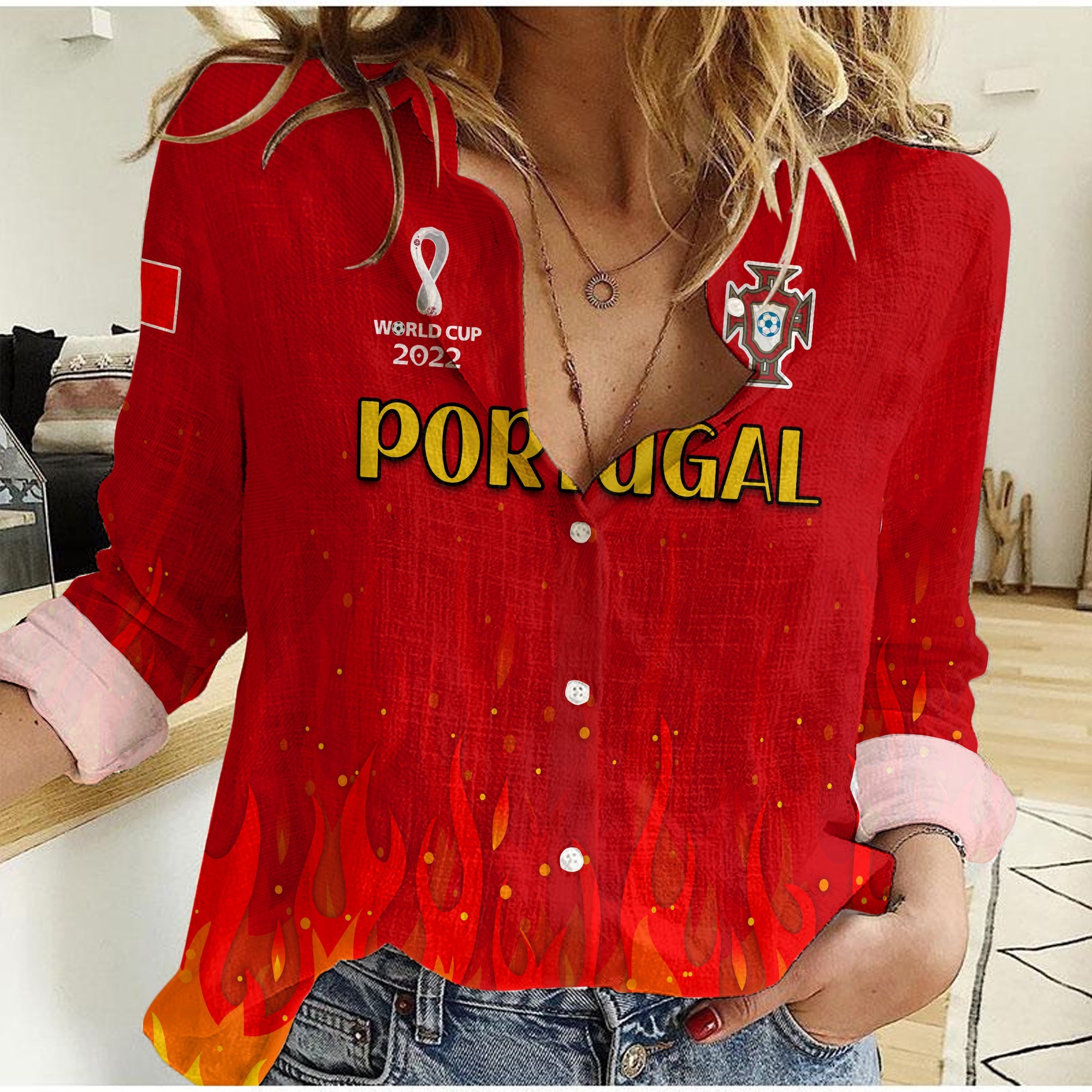 (Custom Text and Number) Portugal Football Women Casual Shirt Champions Soccer World Cup My Heartbeat Fire LT13 - Wonder Print Shop