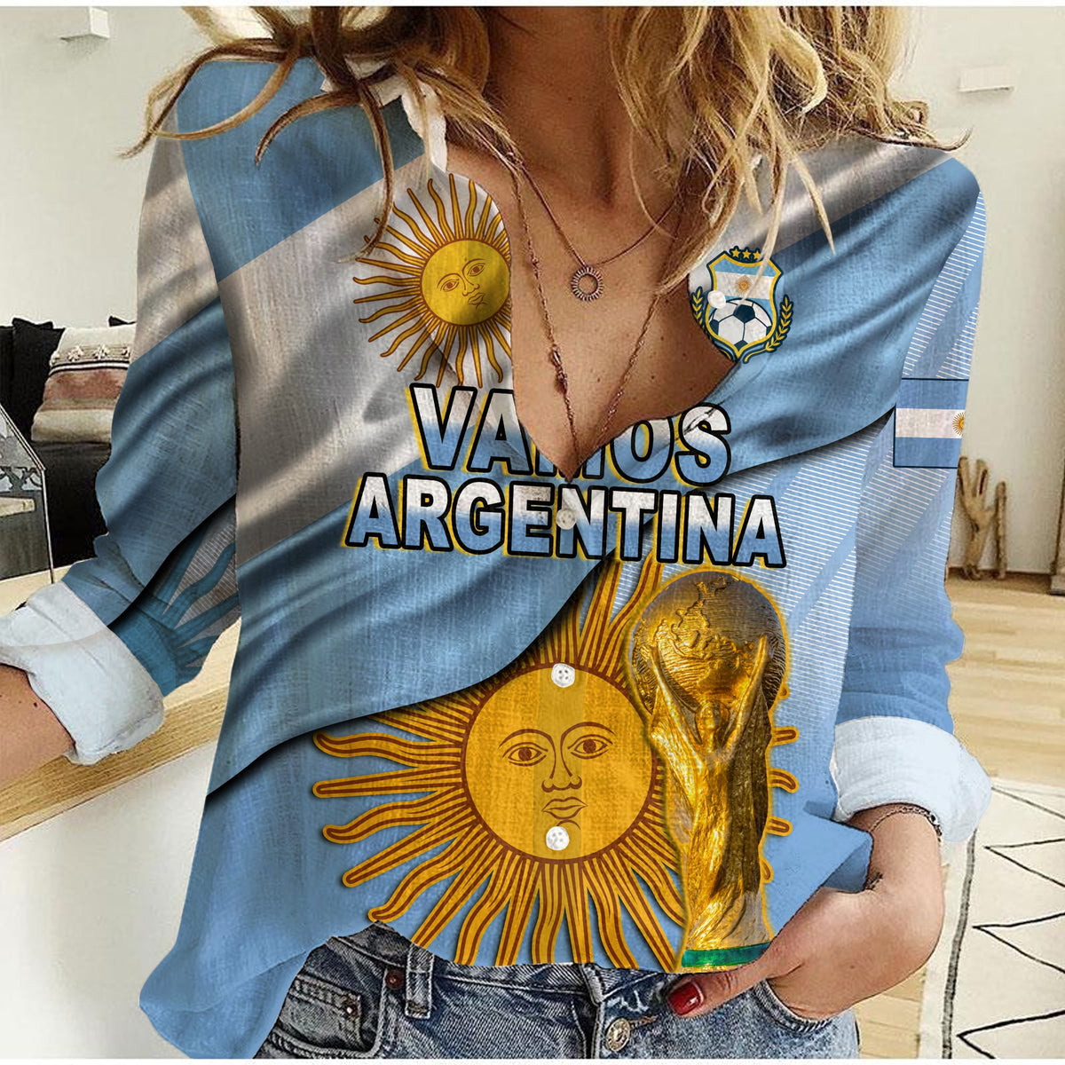 (Custom Text and Number) Argentina Football Women Casual Shirt Vamos La Albiceleste Champions World Cup Vibe Flag LT13 - Wonder Print Shop