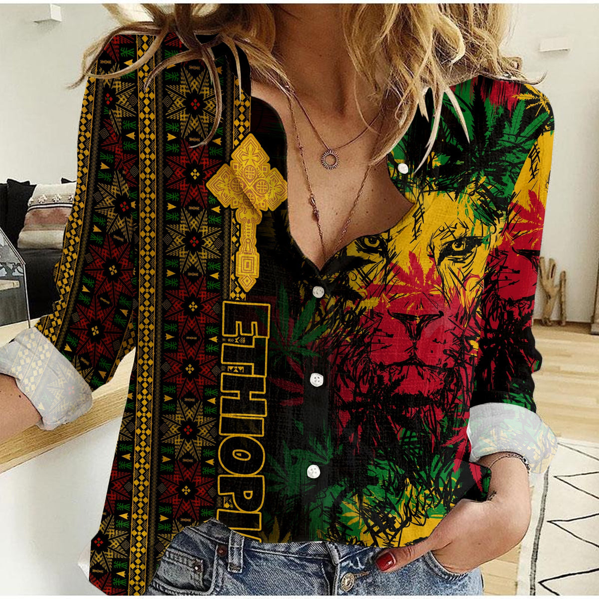 Ethiopia Lion Reggae Women Casual Shirt Ethiopian Cross LT13 - Wonder Print Shop