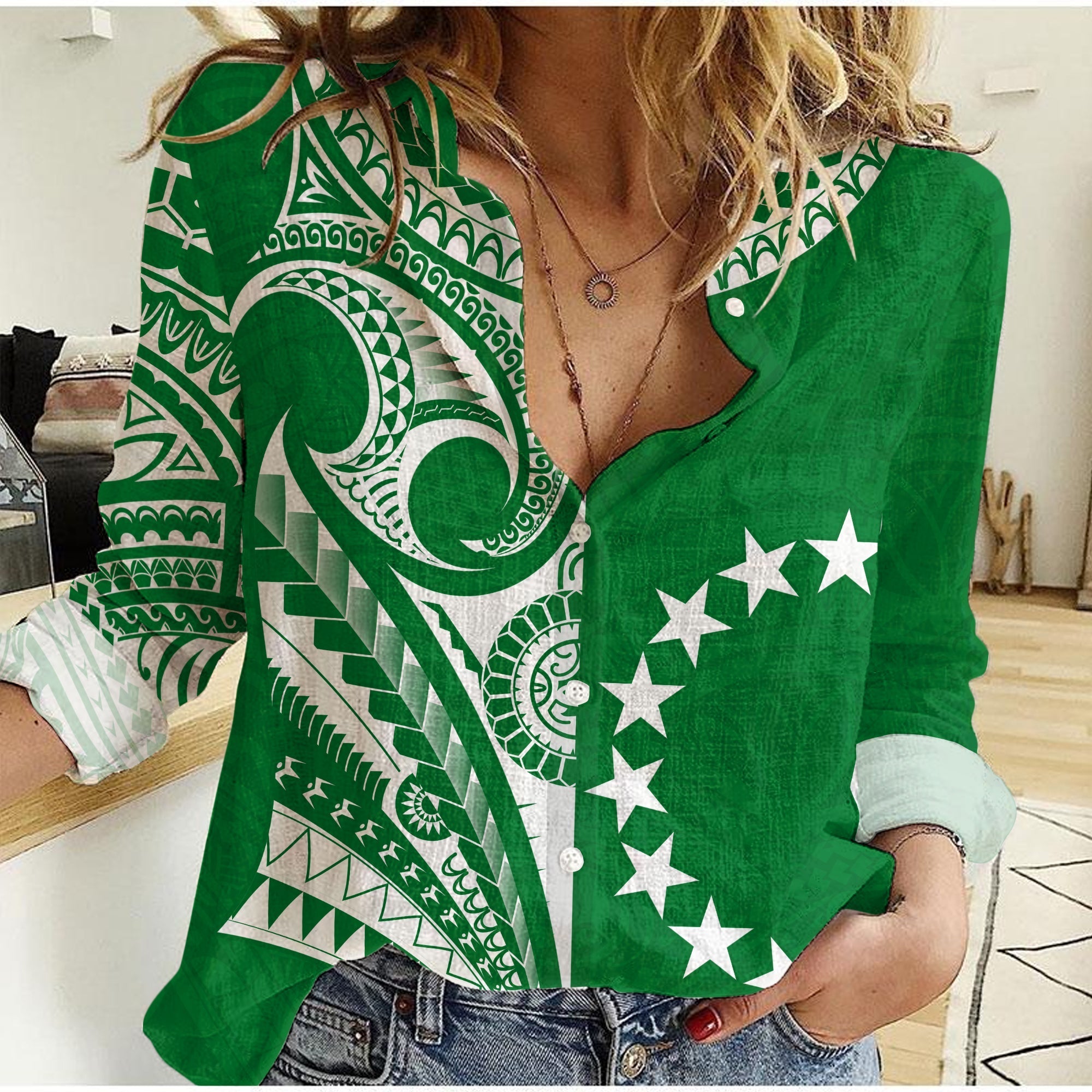 custom-text-and-number-cook-islands-tatau-women-casual-shirt-symbolize-passion-stars-version-green