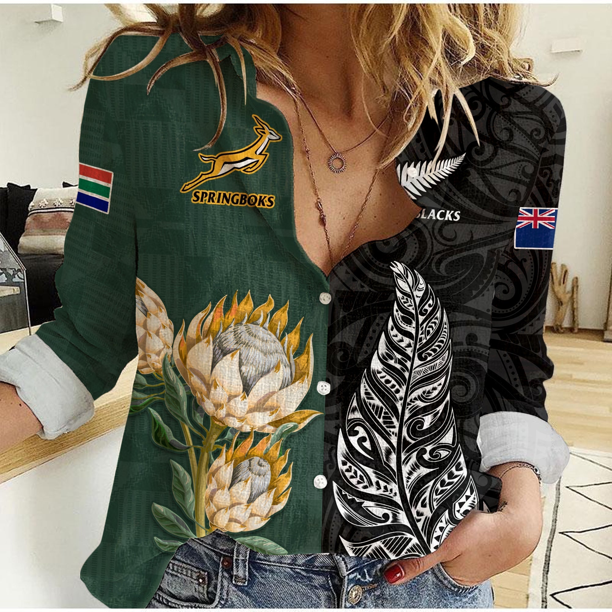 South Africa Protea and New Zealand Fern Women Casual Shirt Rugby Go Springboks vs All Black LT13 - Wonder Print Shop
