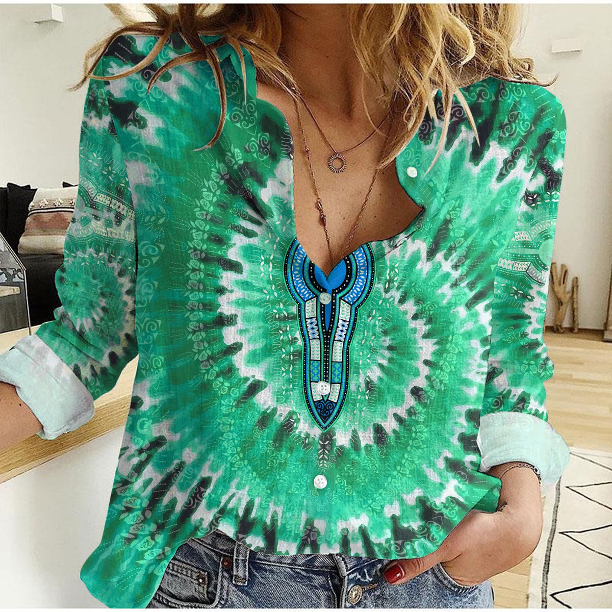 (Custom Personalised) Africa Tie Dye Women Casual Shirt Dress Green Fashion LT13 - Wonder Print Shop