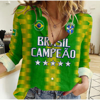 Women's green Brazil soccer jersey with yellow-green check pattern, crest, text and stars