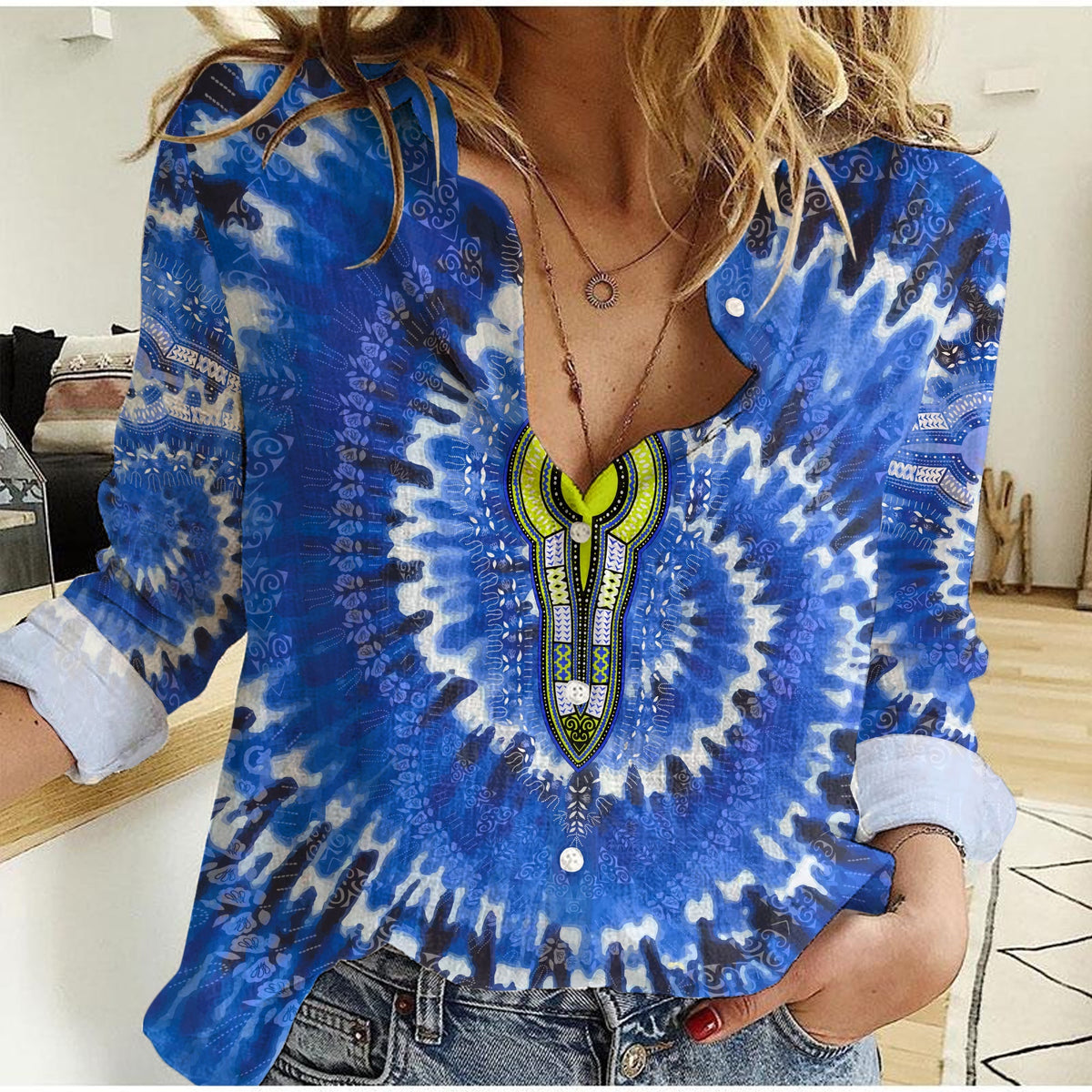 (Custom Personalised) Africa Tie Dye Women Casual Shirt Dress Blue Fashion LT13 - Wonder Print Shop