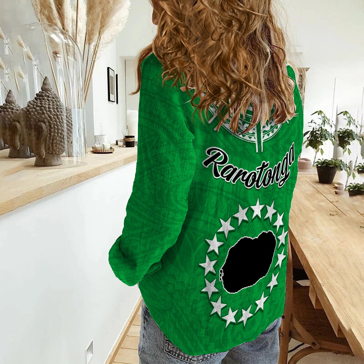 Rarotonga Cook Islands Women Casual Shirt Turtle and Map Style Green LT13 - Wonder Print Shop