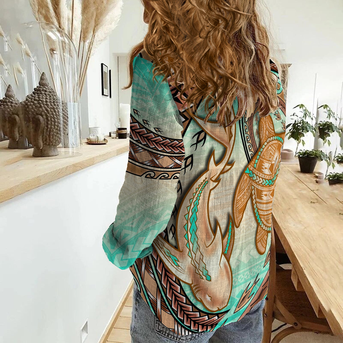Hawaii Women Casual Shirt Polynesian Shark And Sea Turtle Dreamy Turquoise Artsy - Wonder Print Shop