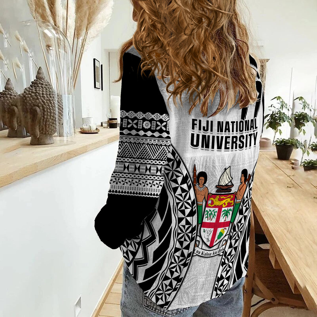 Fiji University Women Casual Shirt National Fijian Tapa Pattern White - Wonder Print Shop