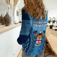Fiji University Women Casual Shirt National Fijian Tapa Pattern Blue - Wonder Print Shop