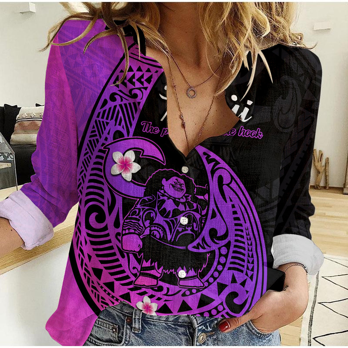 (Custom Personalised) Mauis Fish Hook Women Casual Shirt Polynesian Magenta Gradient Version - Wonder Print Shop