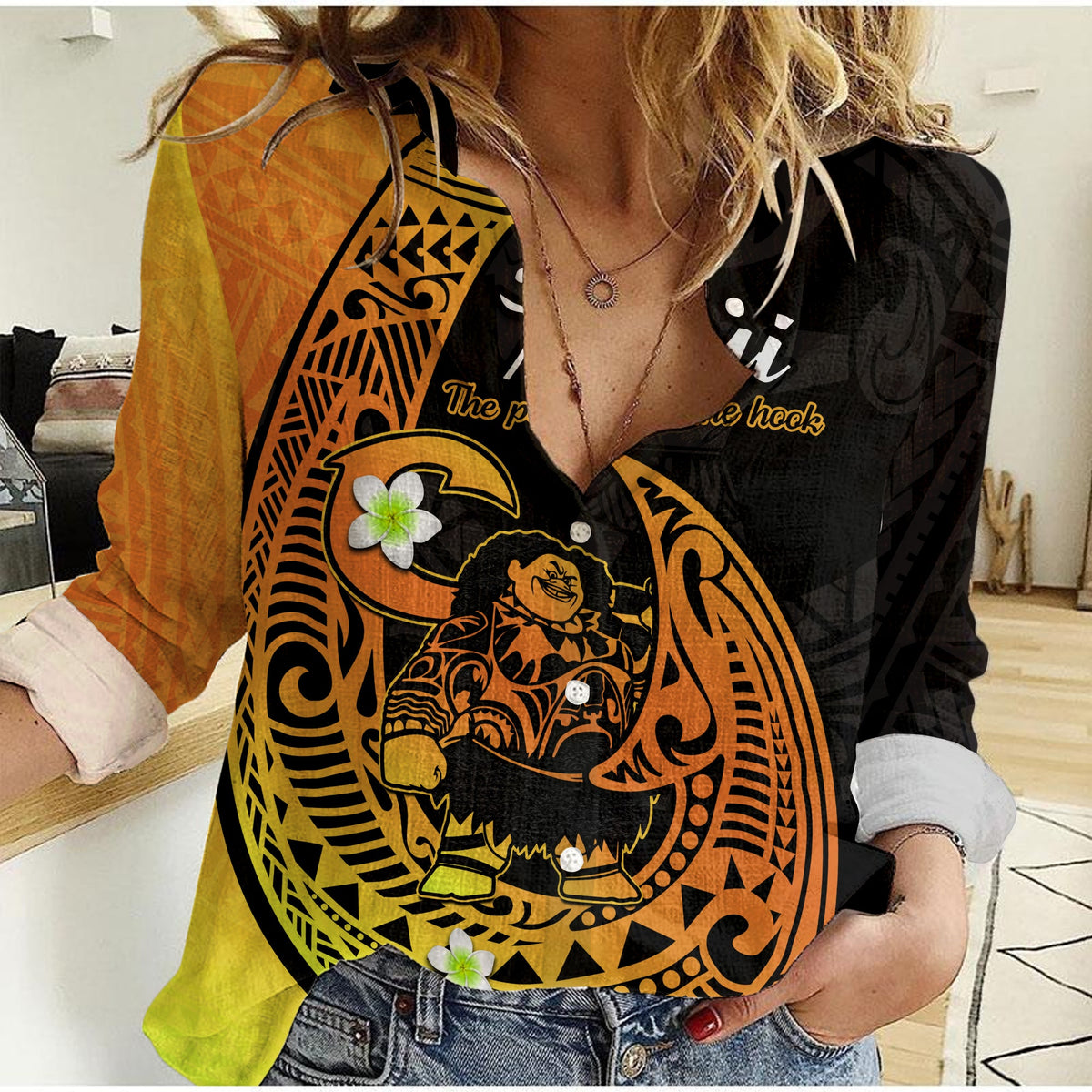 (Custom Personalised) Mauis Fish Hook Women Casual Shirt Polynesian Gold Gradient Version - Wonder Print Shop