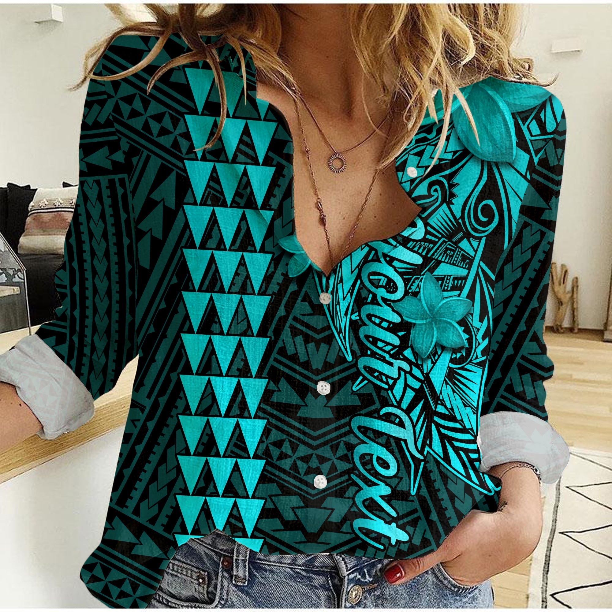 Custom Personalised Hawaii Women Casual Shirt Kakau Kanaka Maoli Combine Polynesian Shark Ver.04 - Wonder Print Shop