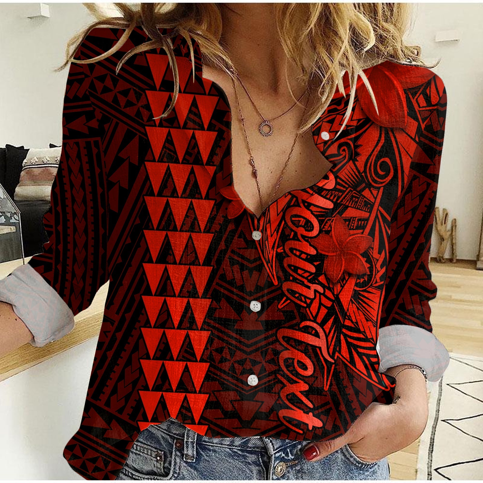 Custom Personalised Hawaii Women Casual Shirt Kakau Kanaka Maoli Combine Polynesian Shark Ver.06 - Wonder Print Shop