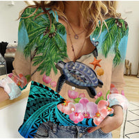 Custom Personalised Polynesian Turtle Coconut Tree And Orchids Women Casual Shirt - Wonder Print Shop