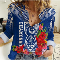 Custom Personalised Guam Chamorro Women Casual Shirt Guaman Latte Stone Tropical Flowers Blue Version - Wonder Print Shop