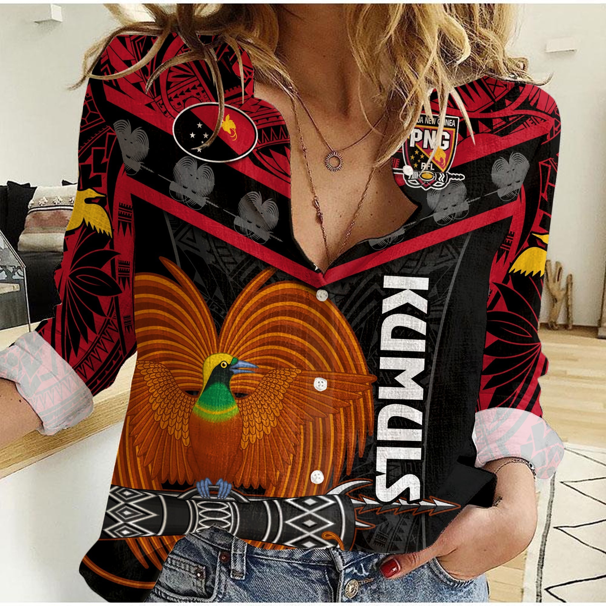 Custom Text And Number Papua New Guinea Rugby Women Casual Shirt PNG Kumuls Bird Of Paradise Black - Wonder Print Shop