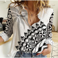 Custom Personalised Fiji Rugby Women Casual Shirt Fijian Cibi Dance Tapa Pattern White - Wonder Print Shop