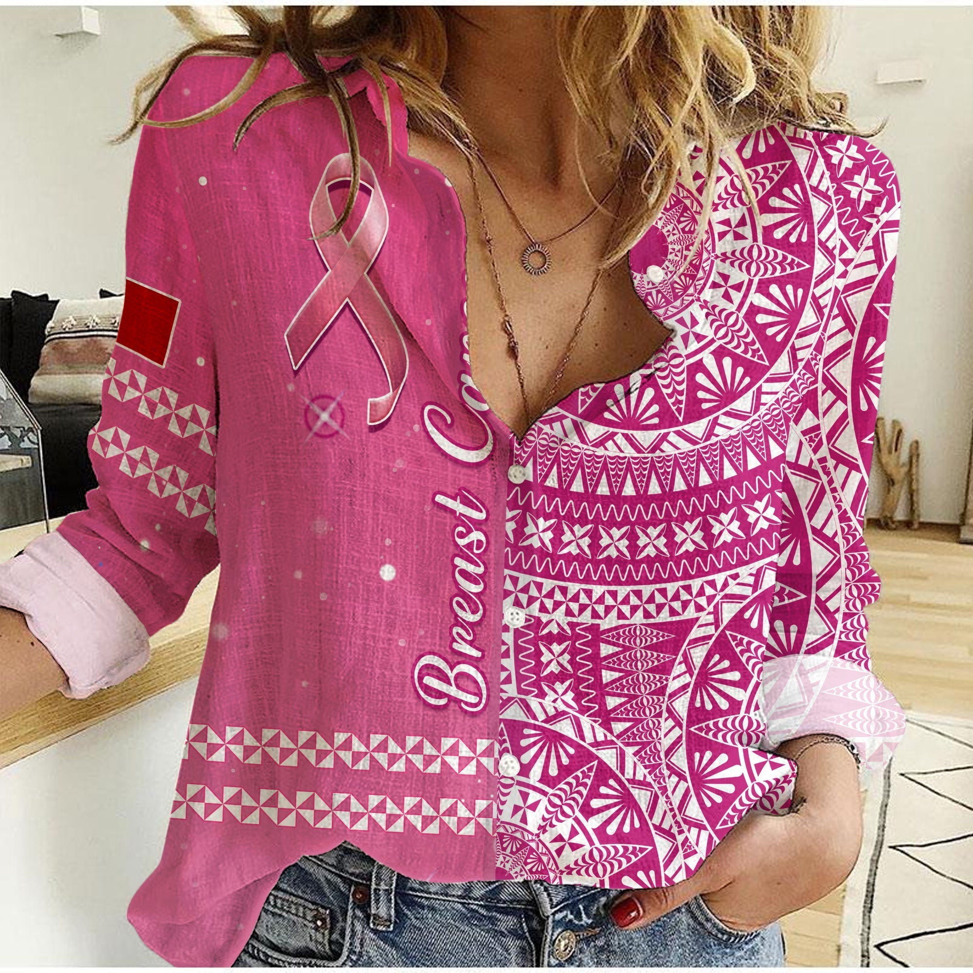 Tonga Breast Cancer Women Casual Shirt Tongan Ngatu Pattern No One Fights Alone - Wonder Print Shop