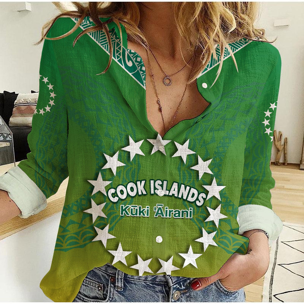 Custom Personalised Cook Islands Women Casual Shirt Circle Pattern Mix Sea Turtle Green Version - Wonder Print Shop