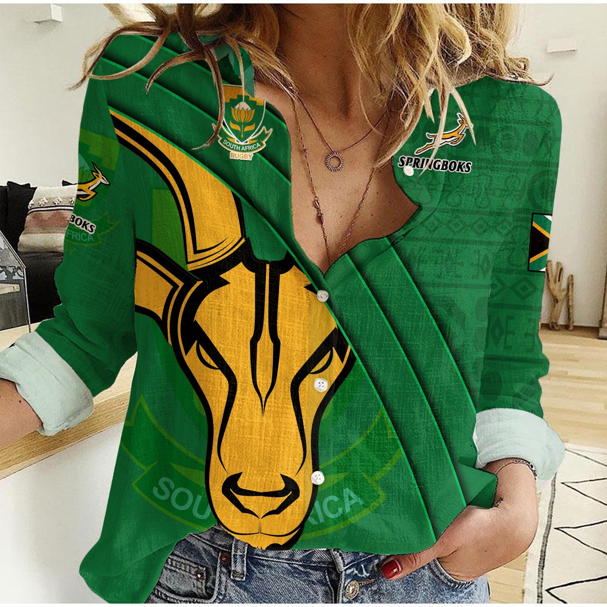 (Custom Text And Number) South Africa Rugby Women Casual Shirt Bokke Springbok With African Pattern Stronger Together - Wonder Print Shop