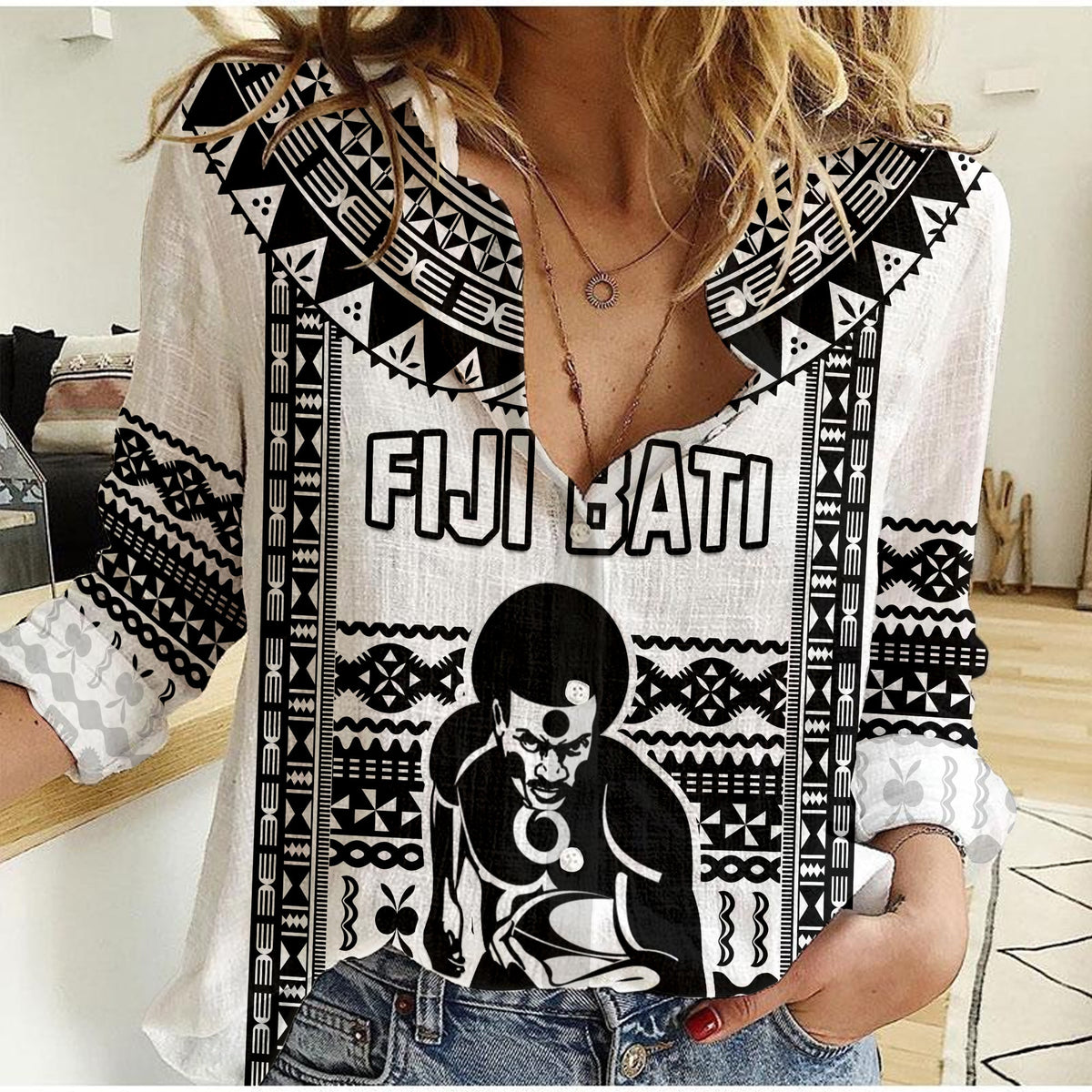 Custom Text And Number Fiji Rugby Women Casual Shirt Pacific The Bati Black Fijian Tapa - Wonder Print Shop
