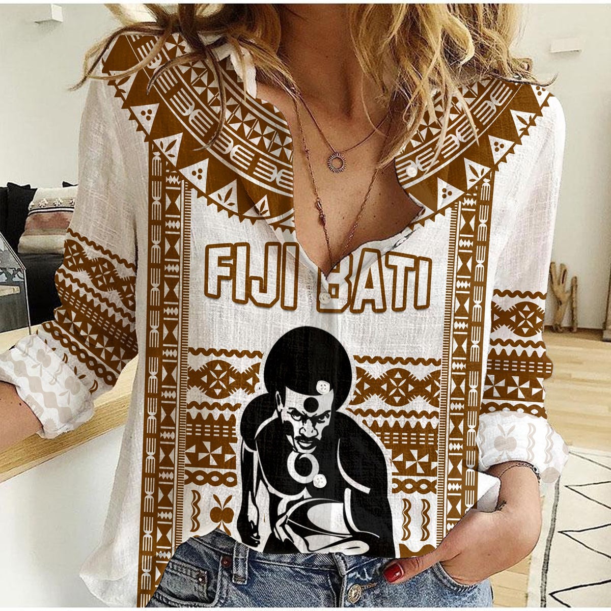 Custom Text And Number Fiji Rugby Women Casual Shirt Pacific The Bati Brown Fijian Tapa - Wonder Print Shop