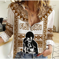 Custom Text And Number Fiji Rugby Women Casual Shirt Pacific The Bati Brown Fijian Tapa - Wonder Print Shop