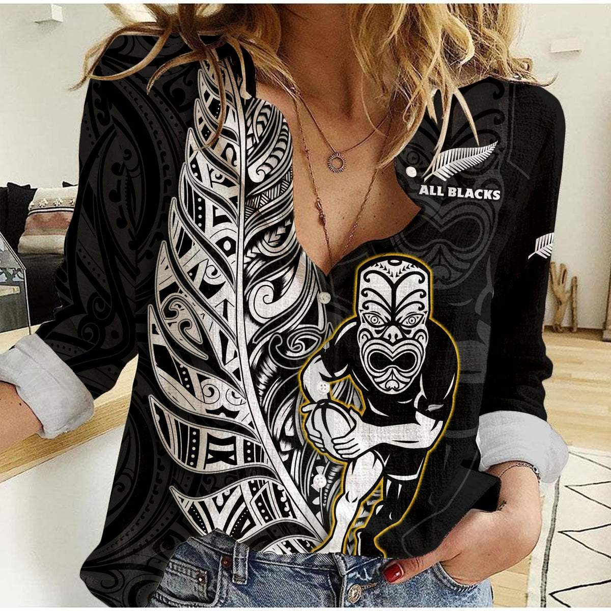 Custom Text And Number New Zealand 2022 Rugby Women Casual Shirt All Black Silver Fern Maori Pattern Version Black - Wonder Print Shop