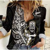 Custom Text And Number New Zealand 2022 Rugby Women Casual Shirt All Black Silver Fern Maori Pattern Version Black - Wonder Print Shop