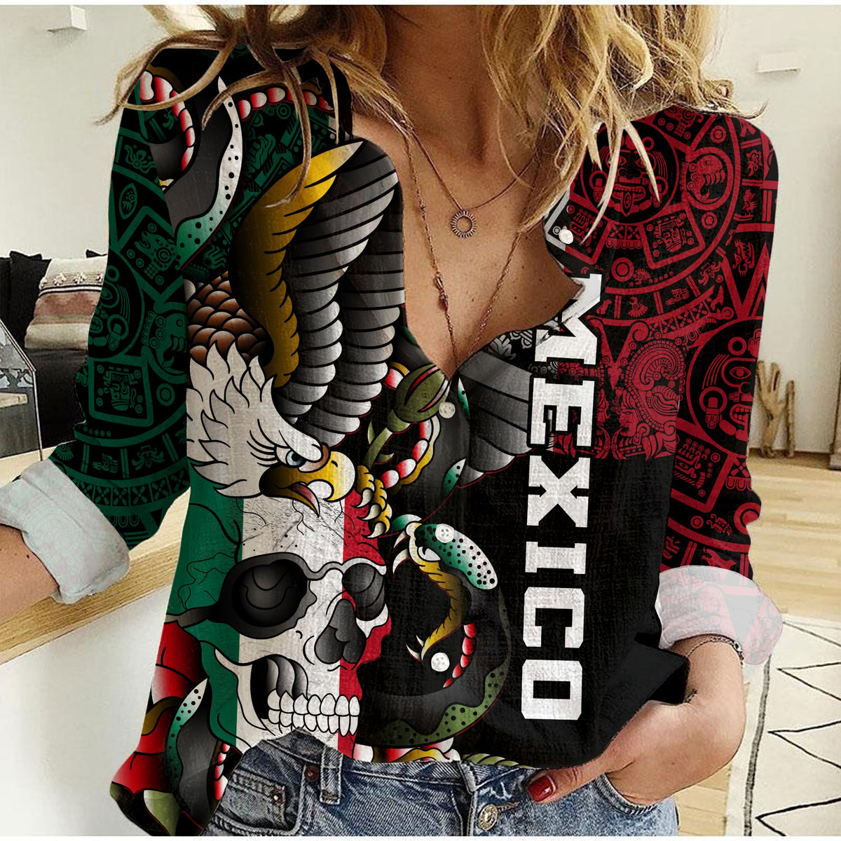 Mexico Women Casual Shirt Mexican Skull Eagle With Angry Snake - Wonder Print Shop