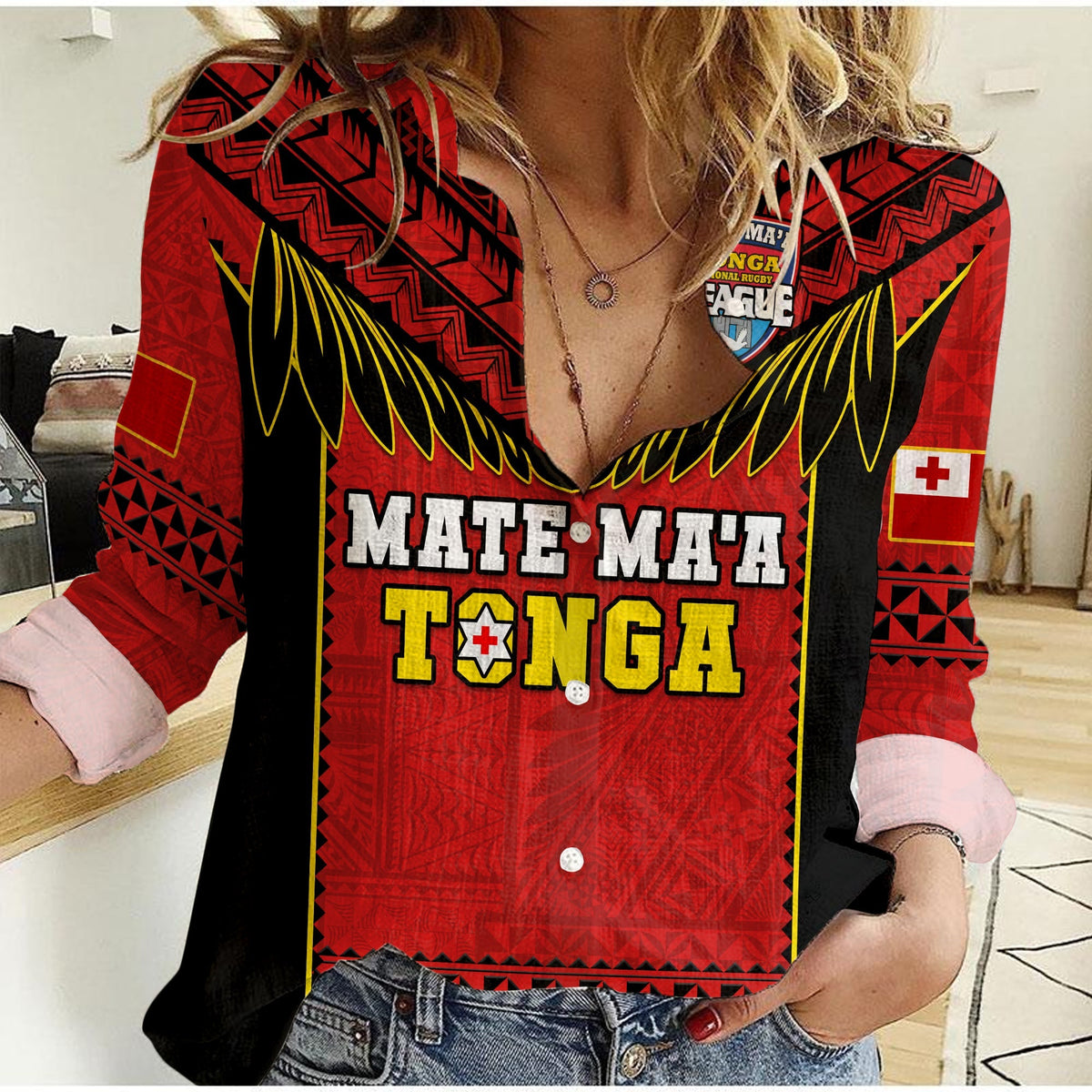Custom Text And Number Tonga Rugby Women Casual Shirt Mate Maa Tonga Pacific Ngatu Black - Wonder Print Shop